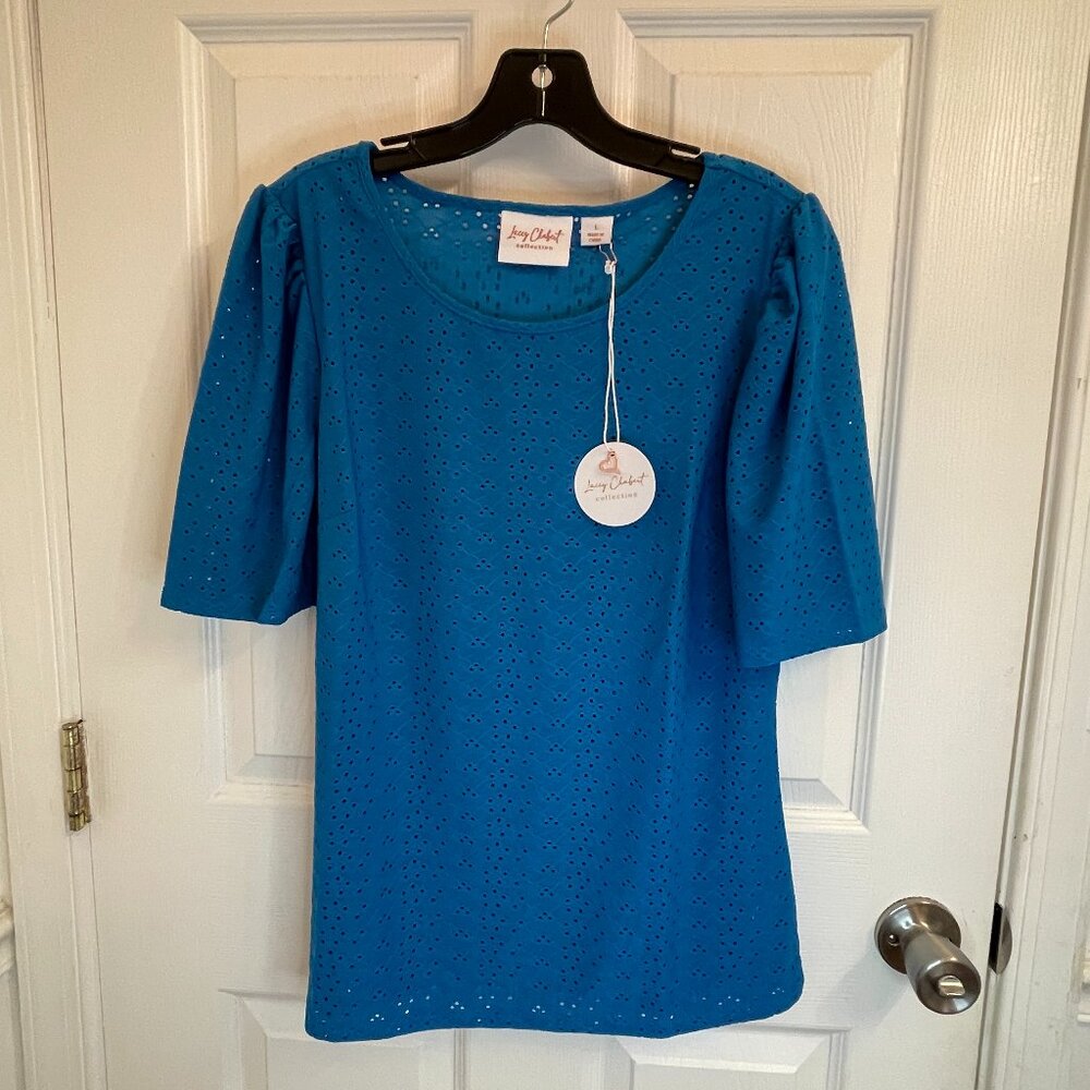Lacey Chabert Puff-Sleeve Stretch Eyelet Royal Blue Knit Top Size L NEW with TAG